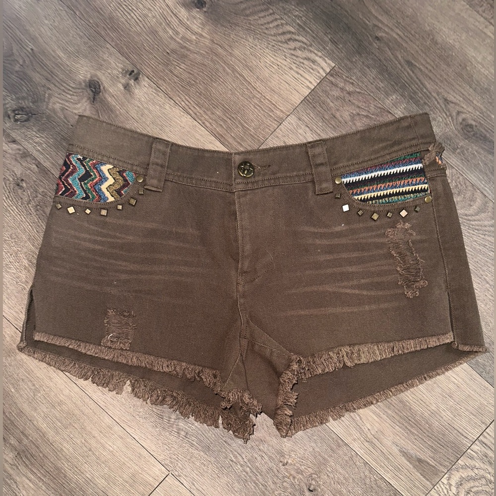 Miss Me Brown Jean Shorts Tribal Pattern